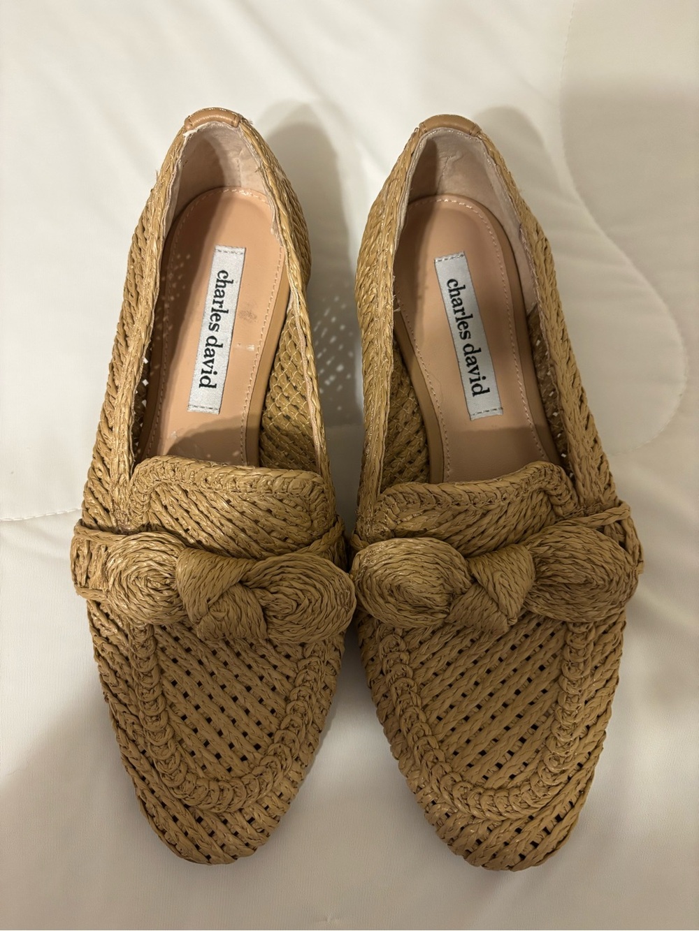 Charles David Women’s 6.5 Raffia Woven Bow Loafers Flats Tan Coastal